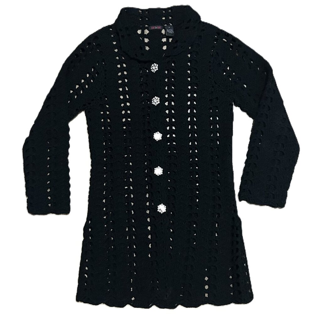KNIT de KNIT Black Crochet Sweater Coat Midi Length. Rhinestone Snap Size SMALL